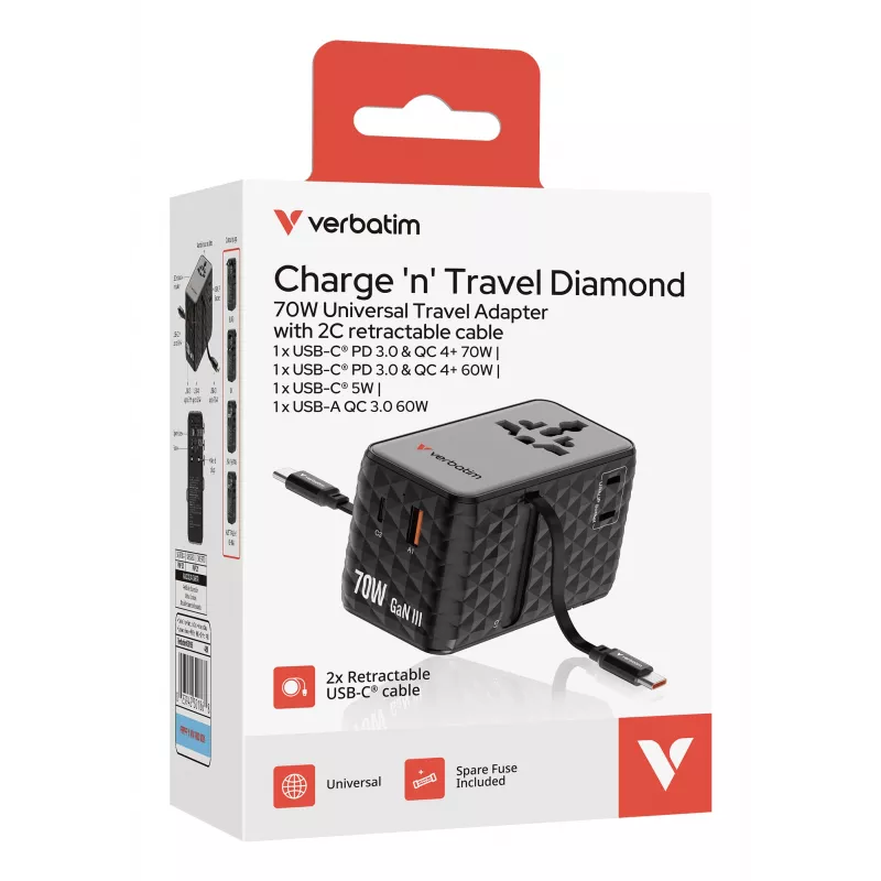 Verbatim Charge 'n' Travel 70W 2C retractable Universal Travel Adapter Schwarz