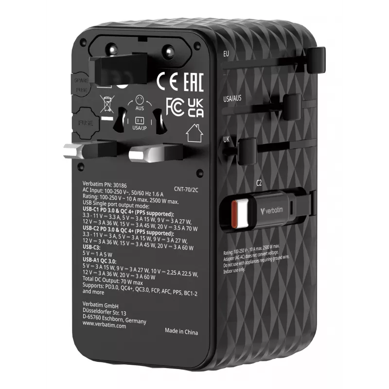 Verbatim Charge 'n' Travel 70W 2C retractable Universal Travel Adapter Schwarz