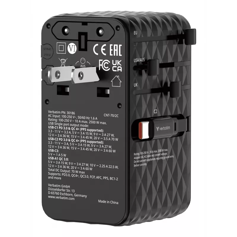 Verbatim Charge 'n' Travel 70W 2C retractable Universal Travel Adapter Schwarz