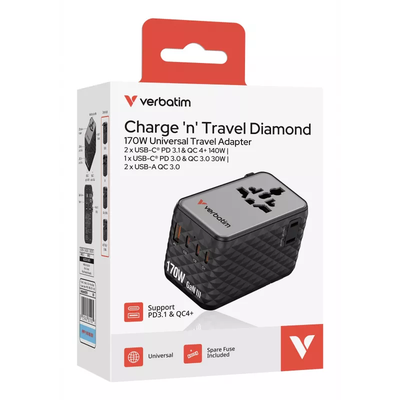 Verbatim Charge 'n' Travel 170W Universal-Reiseadapter Schwarz