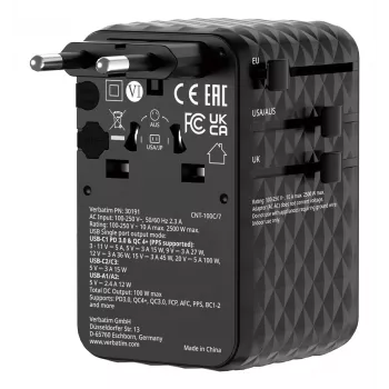 Verbatim Charge 'n' Travel 100W Universal-Reiseadapter mit einziehbarem Kabel Schwarz