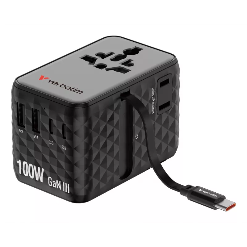Verbatim Charge 'n' Travel 100W Universal-Reiseadapter mit einziehbarem Kabel Schwarz