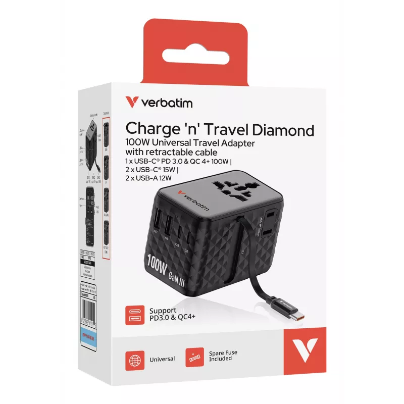 Verbatim Charge 'n' Travel 100W Universal-Reiseadapter mit einziehbarem Kabel Schwarz