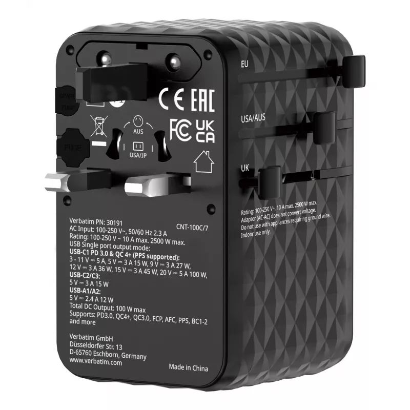 Verbatim Charge 'n' Travel 100W Universal-Reiseadapter mit einziehbarem Kabel Schwarz