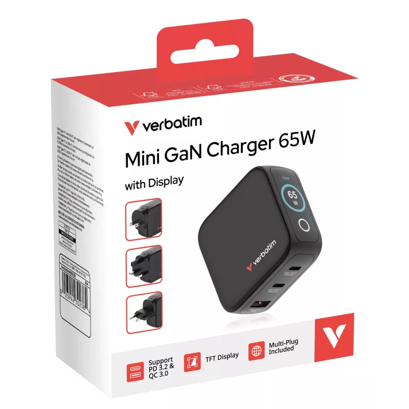 Verbatim Mini GaN Ladegerät 65W mit Anzeige, Indoor, AC, 20 V, Schwarz