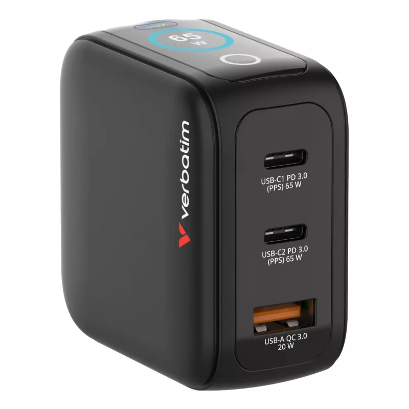 Verbatim Mini GaN Ladegerät 65W mit Anzeige, Indoor, AC, 20 V, Schwarz