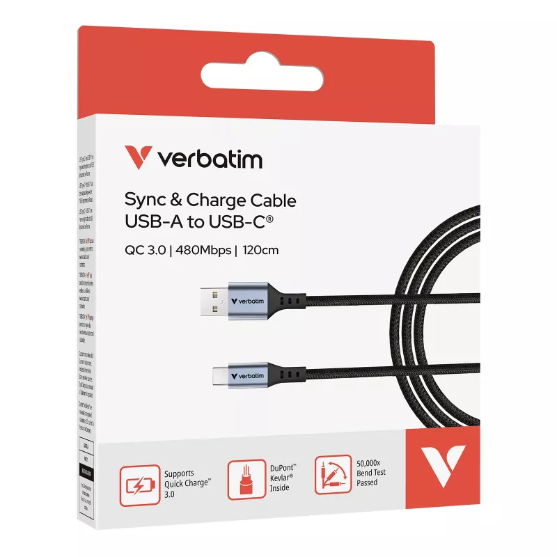 Verbatim Sync & Charge Kabel USB-A auf USB-C 120 cm, 1,2 m, USB A, USB C, USB 2.0, 0,48 Gbit/s, Schwarz