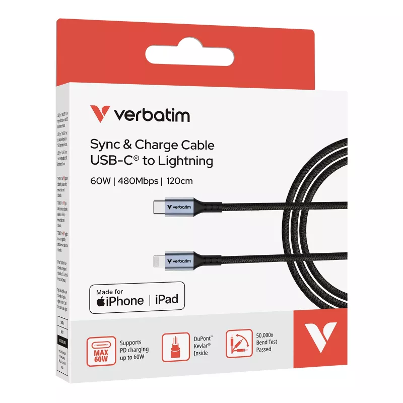 Verbatim Sync & Charge Kabel USB-C auf Lightning 120 cm, 1,2 m, Lightning, USB C, Stecker, Stecker, Schwarz
