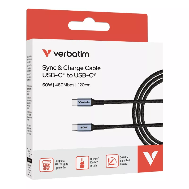 Verbatim Sync & Charge Kabel – 60W USB-C auf USB-C 120 cm, 1,2 m, USB C, USB C, USB 2.0, 0,48 Gbit/s, Schwarz