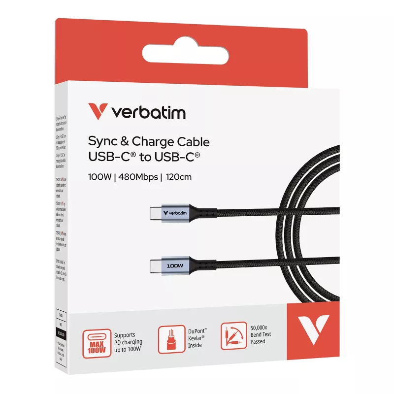 Verbatim Sync & Charge Kabel – 100W USB-C auf USB-C 120 cm, 1,2 m, USB C, USB C, USB 2.0, 0,48 Gbit/s, Schwarz