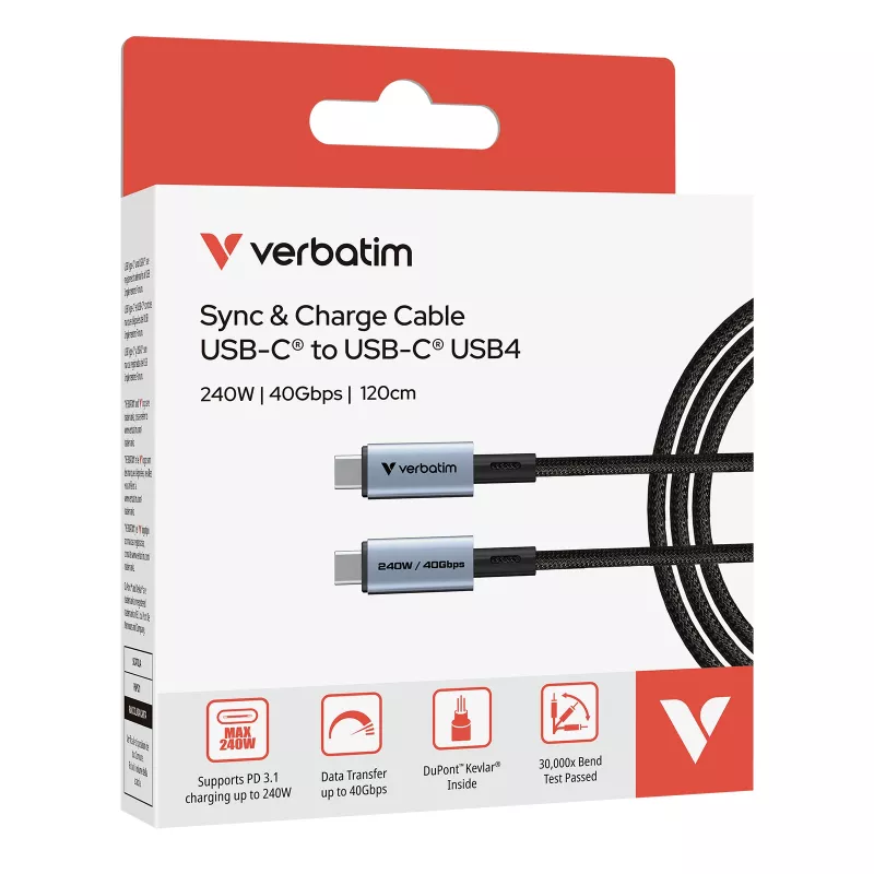 Verbatim Sync & Charge USB C auf USB C 240W 40 Gbit/s 120 cm, 1,2 m, USB C, USB C, USB4 Gen 2x2, 40 Gbit/s, Schwarz