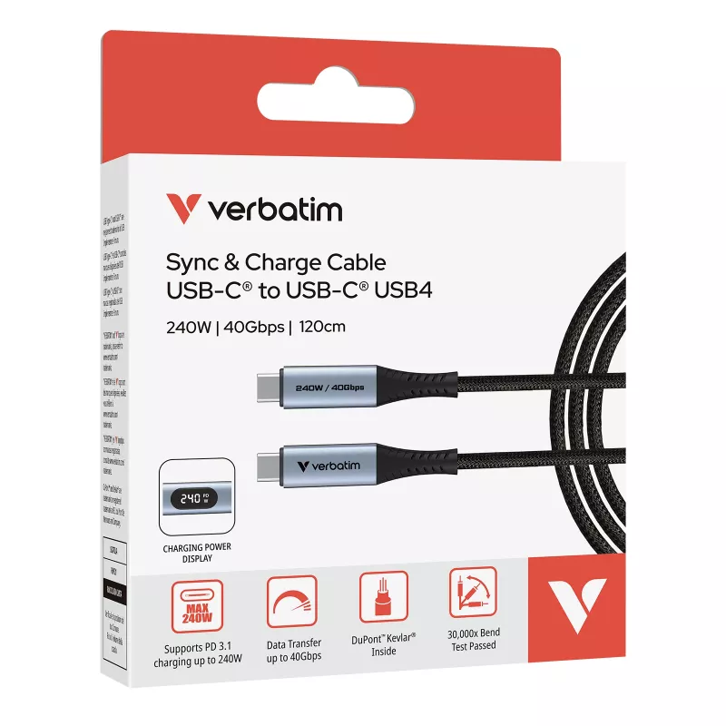 Verbatim Sync & Charge USB-C auf USB-C 240W 40 Gbit/s Anzeige 120 cm