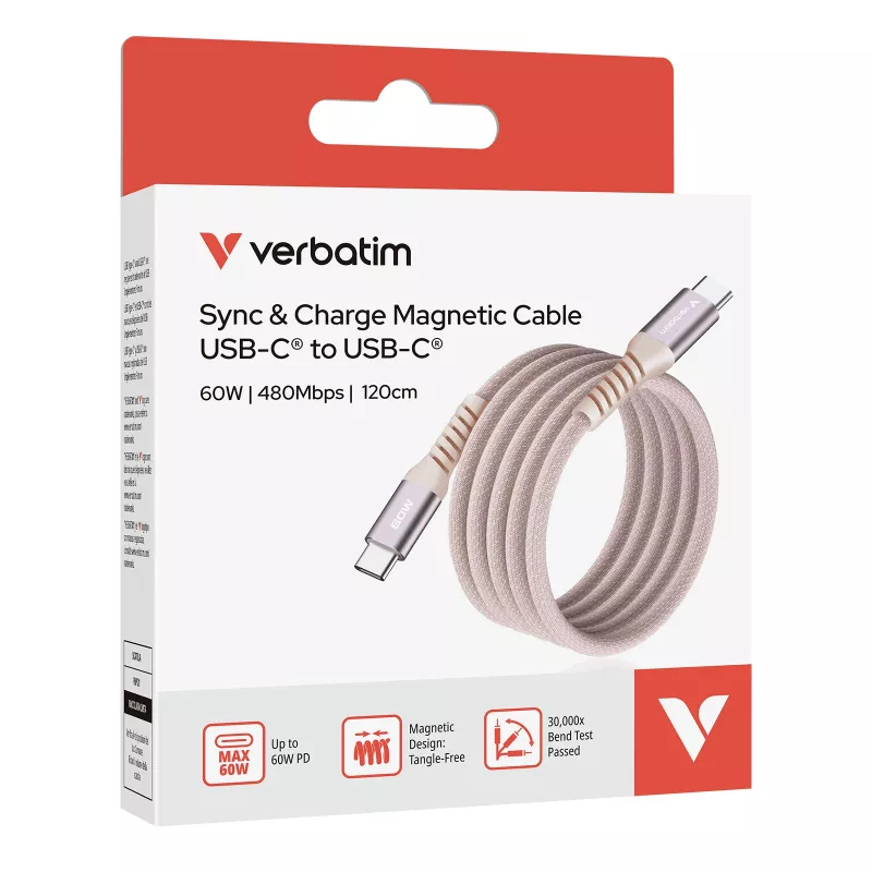Verbatim Sync & Charge Magnetisches Kabel – 60 W USB-C auf USB-C, 120 cm, Pink