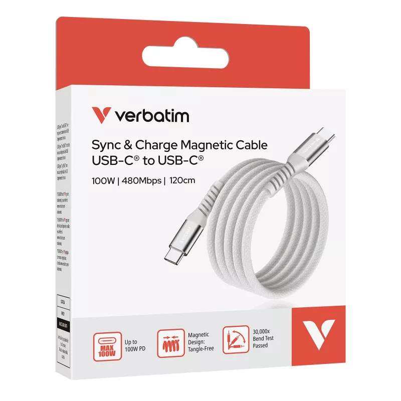 Verbatim Sync & Charge Magnetkabel - 100W USB-C auf USB-C 120 cm Grau