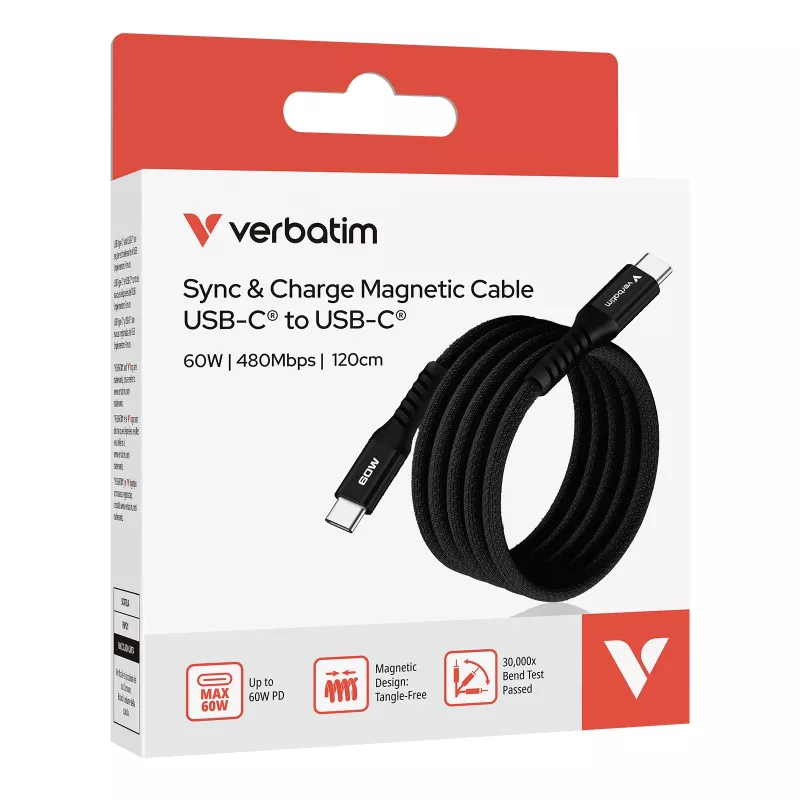 Verbatim Sync & Charge Magnetisches Kabel – 60 W USB-C auf USB-C, 120 cm, Schwarz