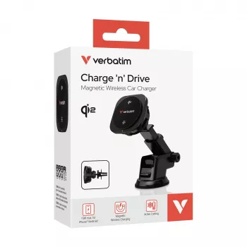 Verbatim Charge 'n' Drive Qi2 Magnetisches kabelloses Auto-Ladegerät, Auto, USB, Kabelloses Laden, 1 m, Schwarz