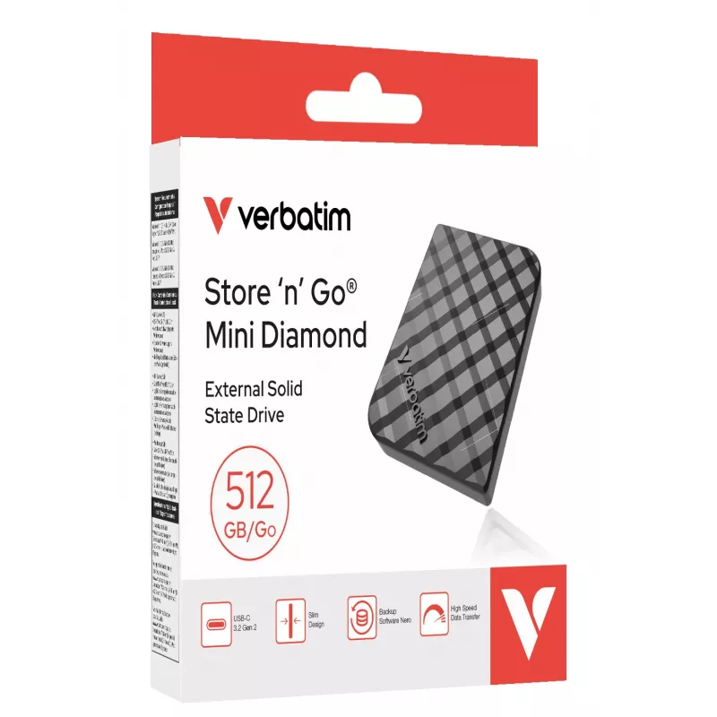 Verbatim Store 'n' Go Mini Diamond USB-C 512GB Schwarz, 512 GB, M.2, USB Type-C, 3.2 Gen 2 (3.1 Gen 2), 1000 MB/s, Schwarz