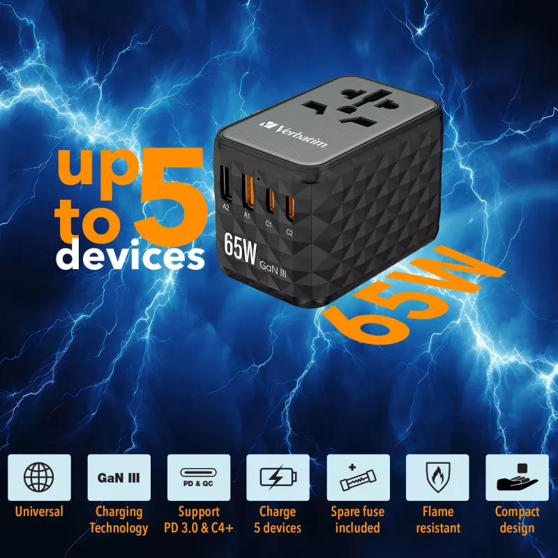 Verbatim UTA-05 65W GaN III Universal-Reiseadapter mit 2 x USB-C PD & QC 4+ & 2 x USB-A Anschlüssen