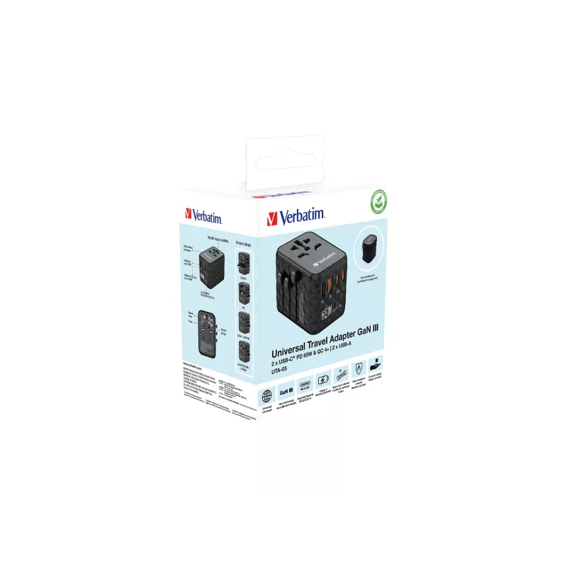 Verbatim UTA-05 65W GaN III Universal-Reiseadapter mit 2 x USB-C PD & QC 4+ & 2 x USB-A Anschlüssen