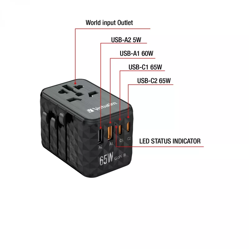 Verbatim UTA-05 65W GaN III Universal-Reiseadapter mit 2 x USB-C PD & QC 4+ & 2 x USB-A Anschlüssen