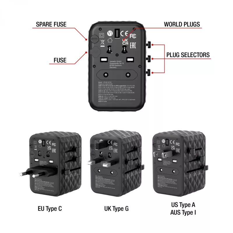 Verbatim UTA-05 65W GaN III Universal-Reiseadapter mit 2 x USB-C PD & QC 4+ & 2 x USB-A Anschlüssen