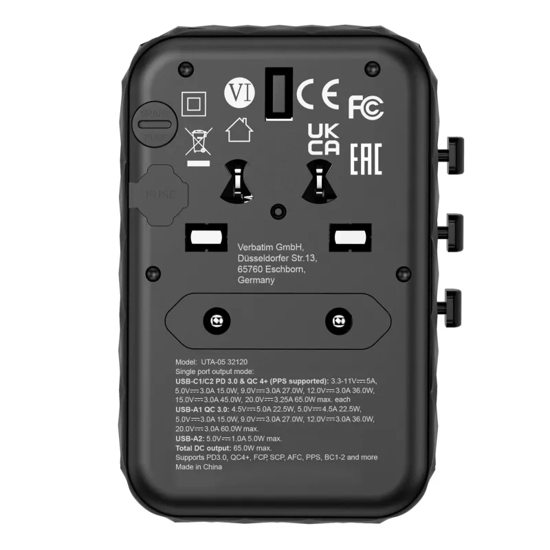 Verbatim UTA-05 65W GaN III Universal-Reiseadapter mit 2 x USB-C PD & QC 4+ & 2 x USB-A Anschlüssen
