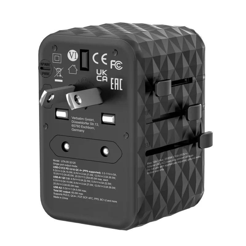 Verbatim UTA-05 65W GaN III Universal-Reiseadapter mit 2 x USB-C PD & QC 4+ & 2 x USB-A Anschlüssen