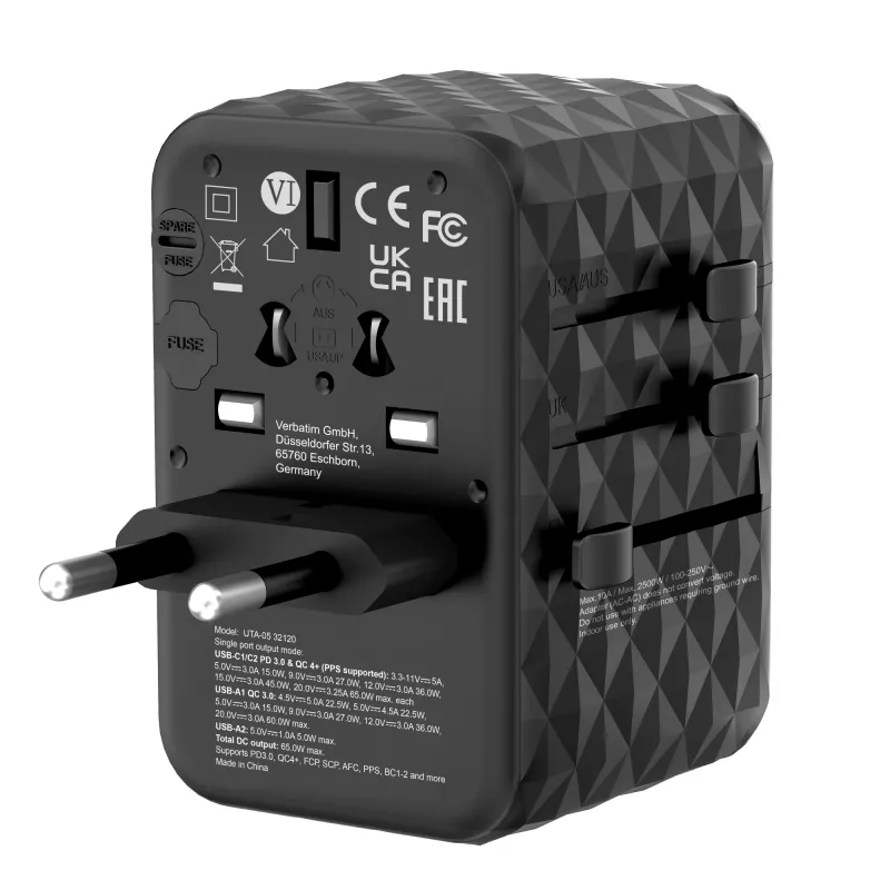 Verbatim UTA-05 65W GaN III Universal-Reiseadapter mit 2 x USB-C PD & QC 4+ & 2 x USB-A Anschlüssen