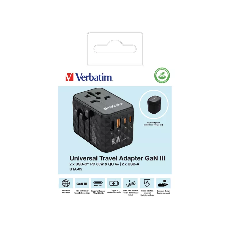 Verbatim UTA-05 65W GaN III Universal-Reiseadapter mit 2 x USB-C PD & QC 4+ & 2 x USB-A Anschlüssen