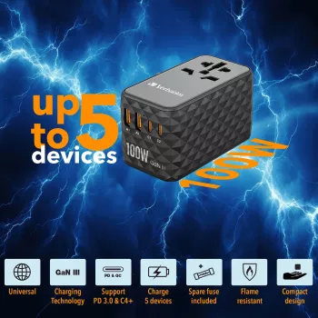 Verbatim UTA-06 100W GaN III Universal-Reiseadapter mit 2 x USB-C PD & QC 4+ & 2 x USB-A QC 3.0 Anschlüssen