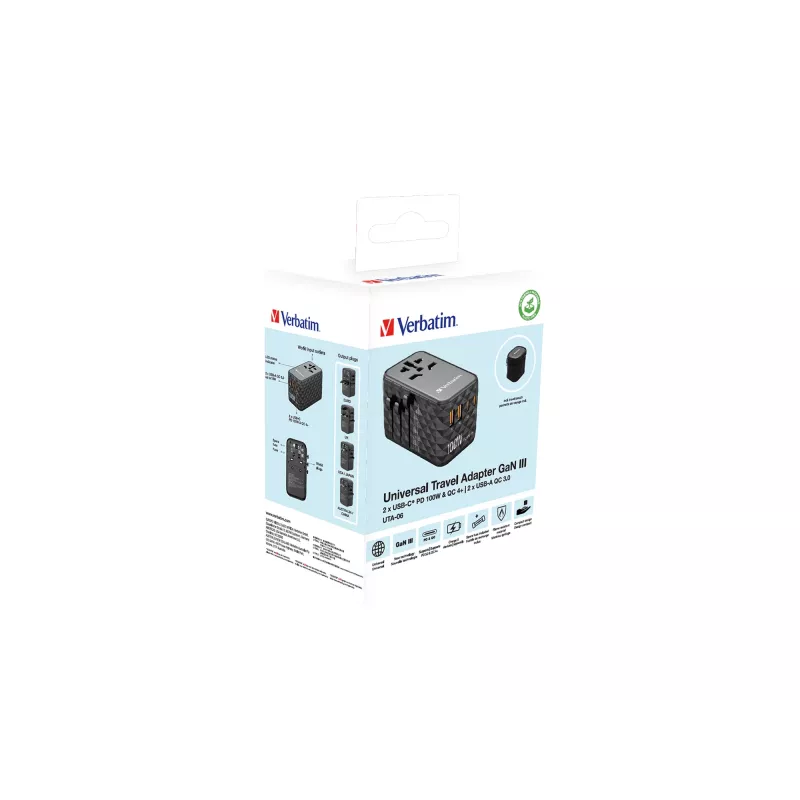 Verbatim UTA-06 100W GaN III Universal-Reiseadapter mit 2 x USB-C PD & QC 4+ & 2 x USB-A QC 3.0 Anschlüssen