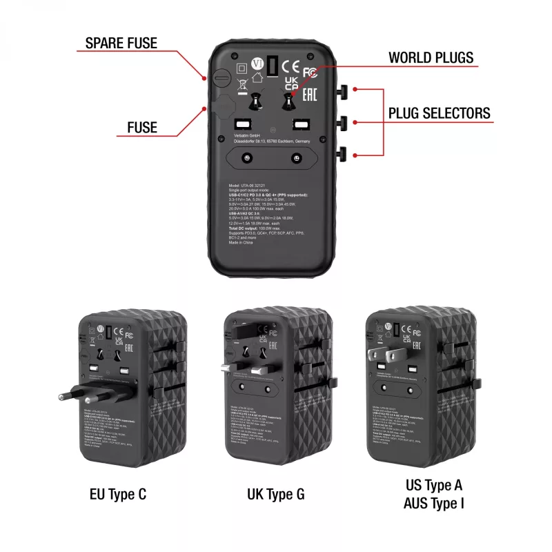 Verbatim UTA-06 100W GaN III Universal-Reiseadapter mit 2 x USB-C PD & QC 4+ & 2 x USB-A QC 3.0 Anschlüssen