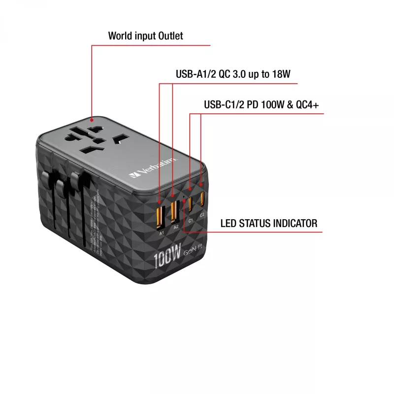 Verbatim UTA-06 100W GaN III Universal-Reiseadapter mit 2 x USB-C PD & QC 4+ & 2 x USB-A QC 3.0 Anschlüssen
