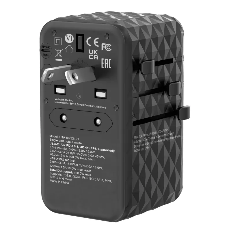 Verbatim UTA-06 100W GaN III Universal-Reiseadapter mit 2 x USB-C PD & QC 4+ & 2 x USB-A QC 3.0 Anschlüssen