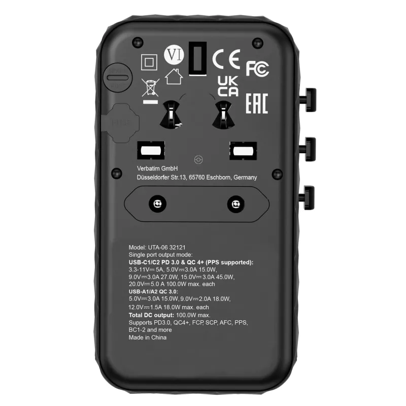 Verbatim UTA-06 100W GaN III Universal-Reiseadapter mit 2 x USB-C PD & QC 4+ & 2 x USB-A QC 3.0 Anschlüssen