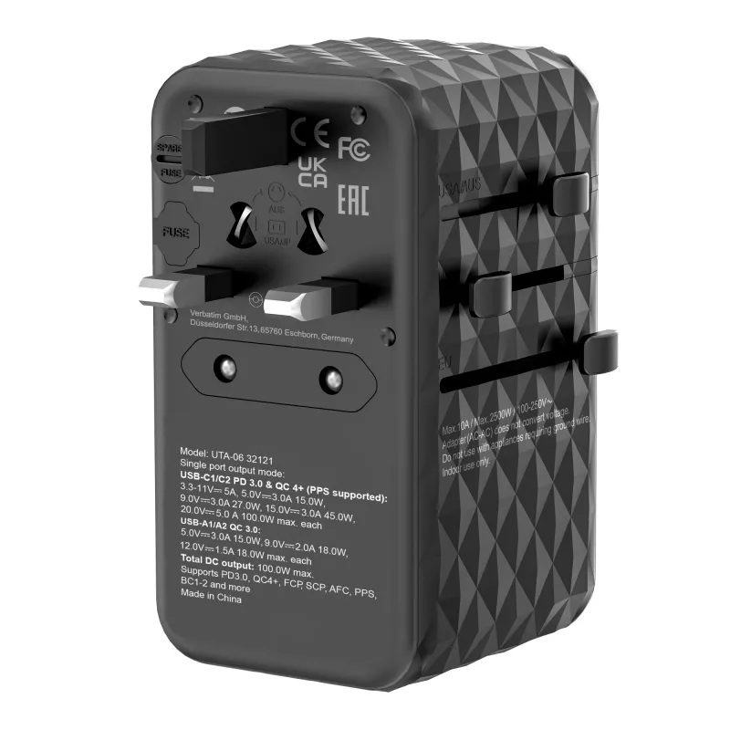 Verbatim UTA-06 100W GaN III Universal-Reiseadapter mit 2 x USB-C PD & QC 4+ & 2 x USB-A QC 3.0 Anschlüssen