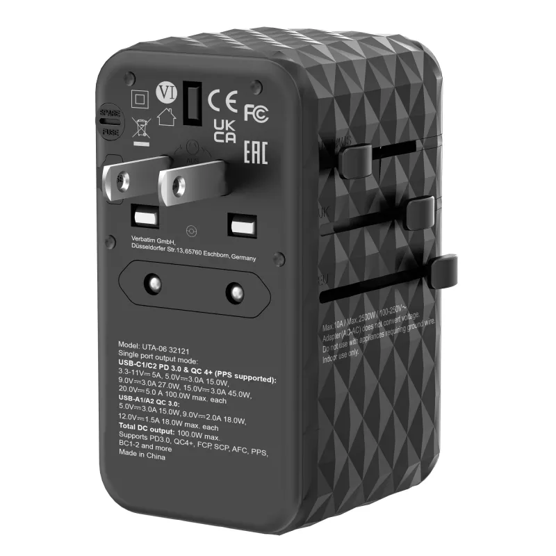 Verbatim UTA-06 100W GaN III Universal-Reiseadapter mit 2 x USB-C PD & QC 4+ & 2 x USB-A QC 3.0 Anschlüssen