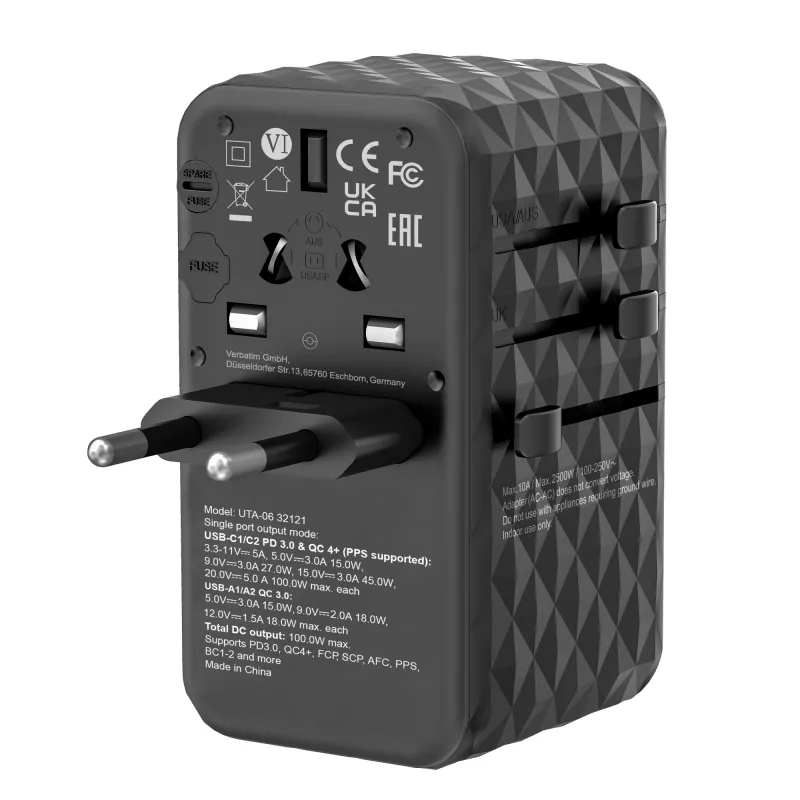 Verbatim UTA-06 100W GaN III Universal-Reiseadapter mit 2 x USB-C PD & QC 4+ & 2 x USB-A QC 3.0 Anschlüssen