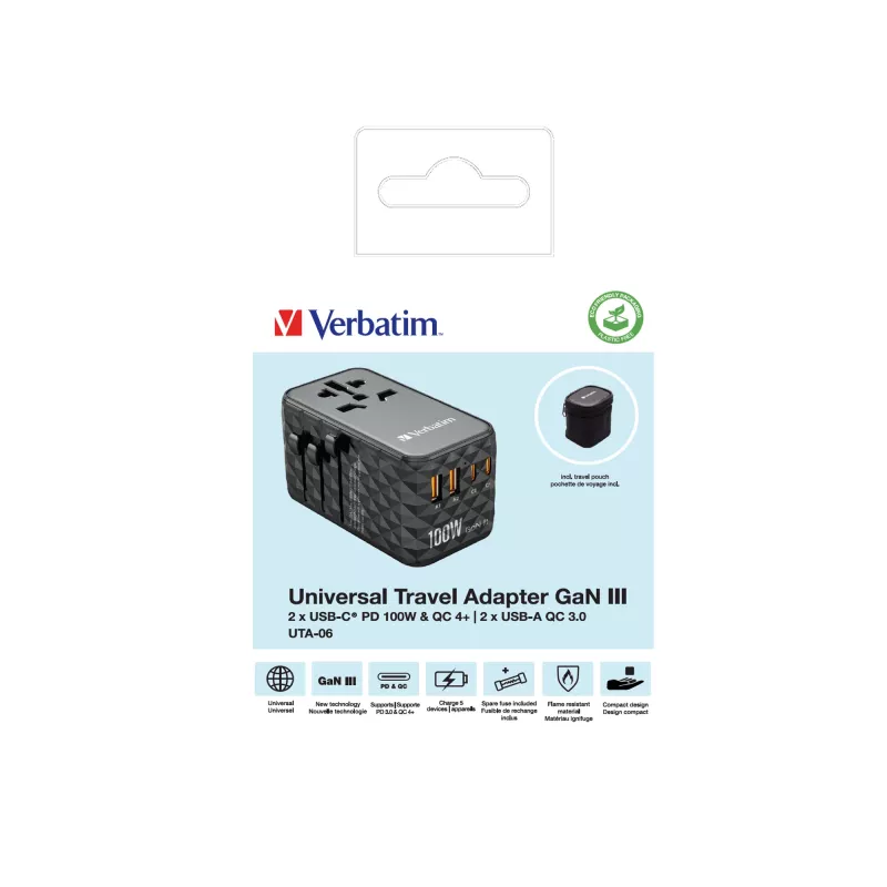 Verbatim UTA-06 100W GaN III Universal-Reiseadapter mit 2 x USB-C PD & QC 4+ & 2 x USB-A QC 3.0 Anschlüssen