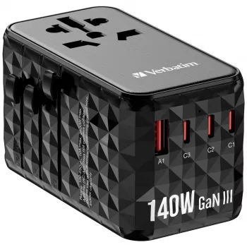 Verbatim UTA-10 140W GaN III Universal-Reiseadapter mit 2 x USB-C PD 3.1 & QC 4+, 1 x USB-C PD 3.0 & 1 x USB-A QC 3.0 Anschlüssen