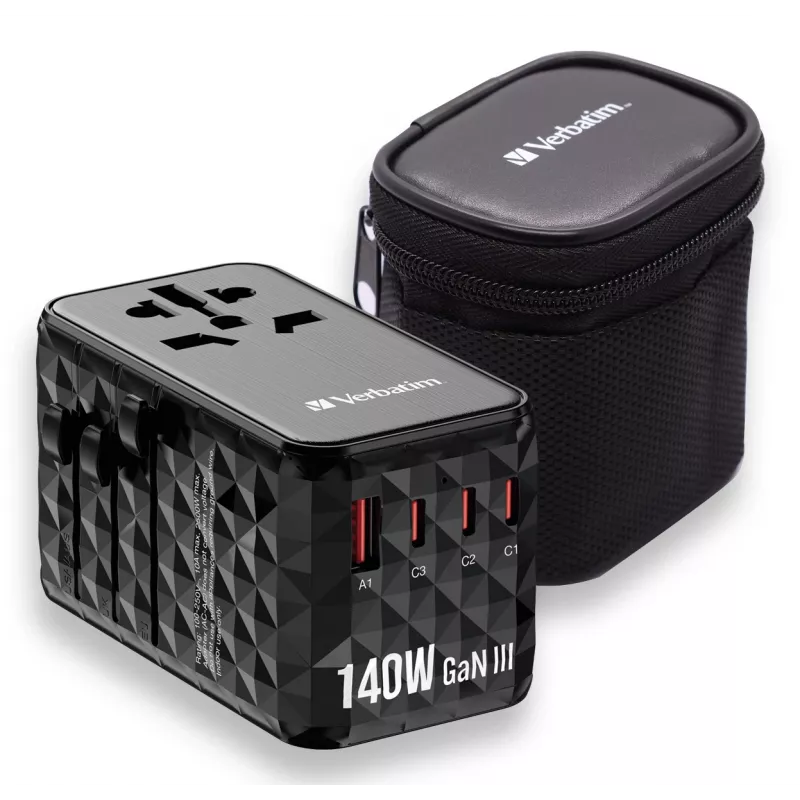 Verbatim UTA-10 140W GaN III Universal-Reiseadapter mit 2 x USB-C PD 3.1 & QC 4+, 1 x USB-C PD 3.0 & 1 x USB-A QC 3.0 Anschlüssen