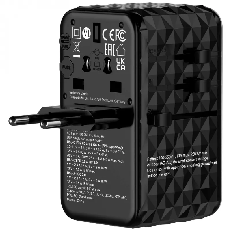Verbatim UTA-10 140W GaN III Universal-Reiseadapter mit 2 x USB-C PD 3.1 & QC 4+, 1 x USB-C PD 3.0 & 1 x USB-A QC 3.0 Anschlüssen