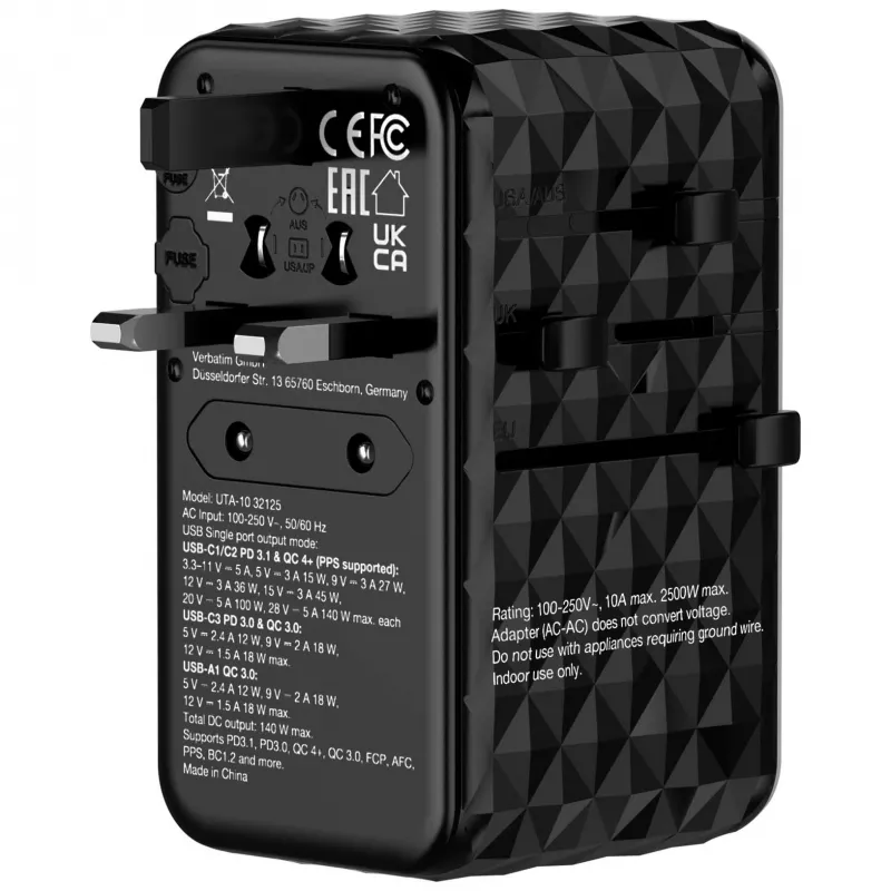 Verbatim UTA-10 140W GaN III Universal-Reiseadapter mit 2 x USB-C PD 3.1 & QC 4+, 1 x USB-C PD 3.0 & 1 x USB-A QC 3.0 Anschlüssen