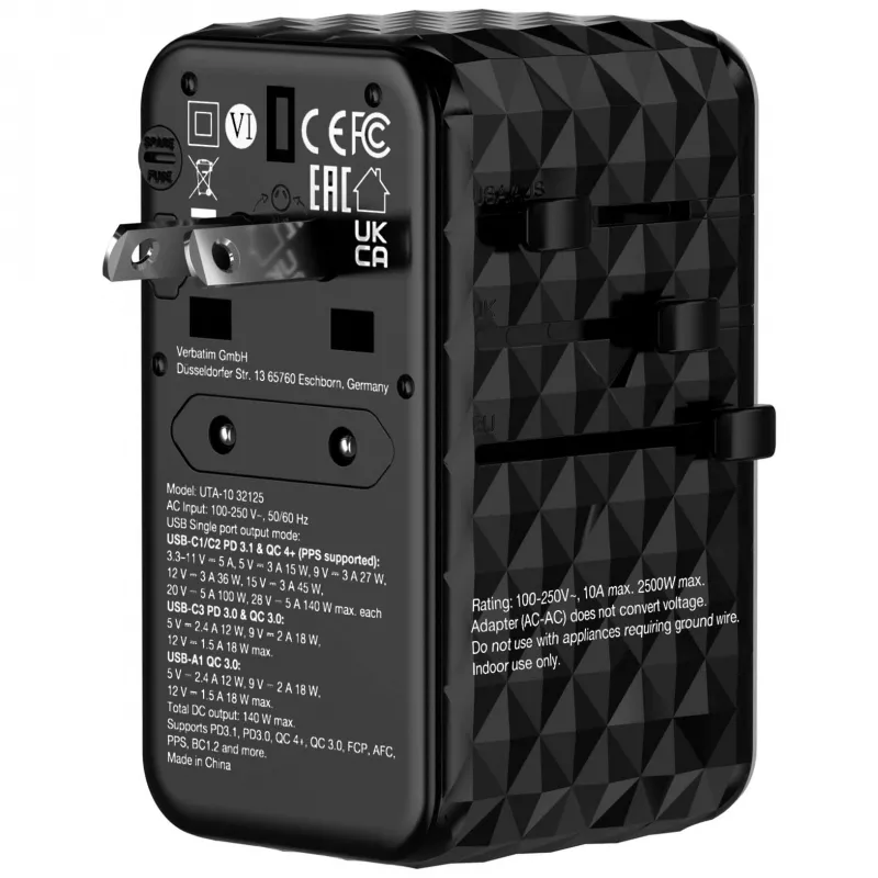 Verbatim UTA-10 140W GaN III Universal-Reiseadapter mit 2 x USB-C PD 3.1 & QC 4+, 1 x USB-C PD 3.0 & 1 x USB-A QC 3.0 Anschlüssen