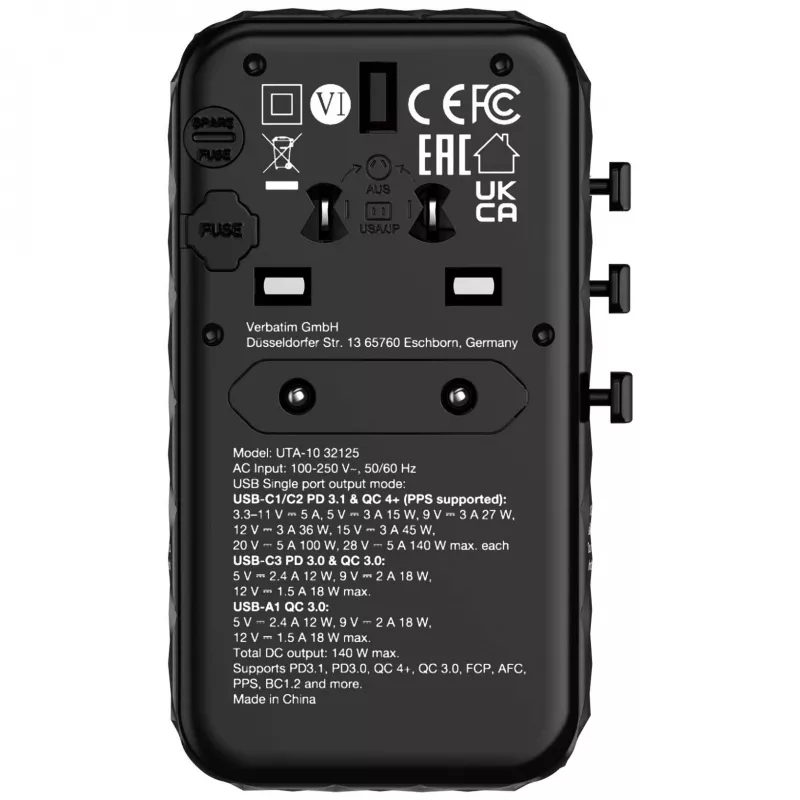 Verbatim UTA-10 140W GaN III Universal-Reiseadapter mit 2 x USB-C PD 3.1 & QC 4+, 1 x USB-C PD 3.0 & 1 x USB-A QC 3.0 Anschlüssen