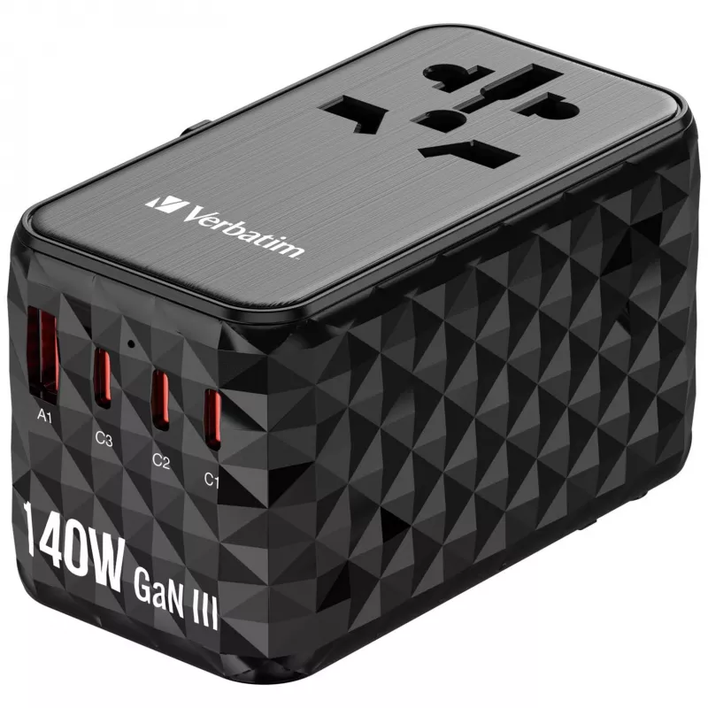 Verbatim UTA-10 140W GaN III Universal-Reiseadapter mit 2 x USB-C PD 3.1 & QC 4+, 1 x USB-C PD 3.0 & 1 x USB-A QC 3.0 Anschlüssen