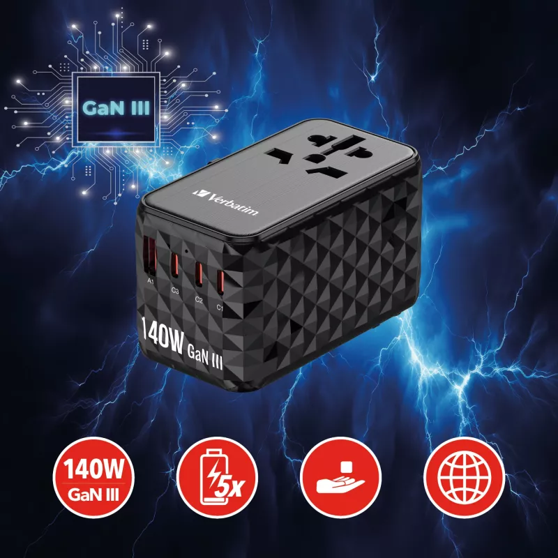 Verbatim UTA-10 140W GaN III Universal-Reiseadapter mit 2 x USB-C PD 3.1 & QC 4+, 1 x USB-C PD 3.0 & 1 x USB-A QC 3.0 Anschlüssen