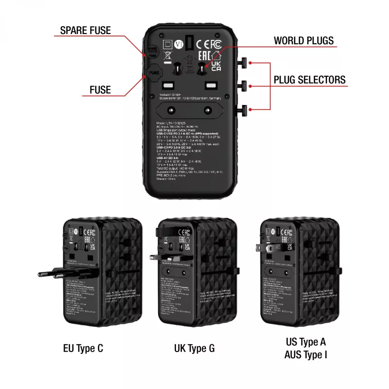 Verbatim UTA-10 140W GaN III Universal-Reiseadapter mit 2 x USB-C PD 3.1 & QC 4+, 1 x USB-C PD 3.0 & 1 x USB-A QC 3.0 Anschlüssen