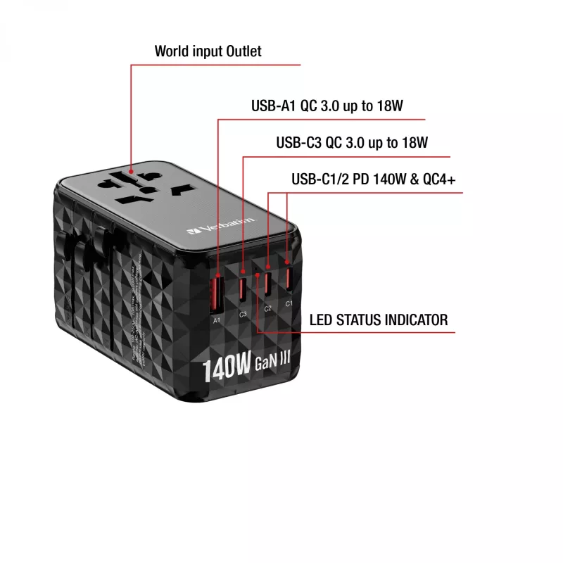 Verbatim UTA-10 140W GaN III Universal-Reiseadapter mit 2 x USB-C PD 3.1 & QC 4+, 1 x USB-C PD 3.0 & 1 x USB-A QC 3.0 Anschlüssen