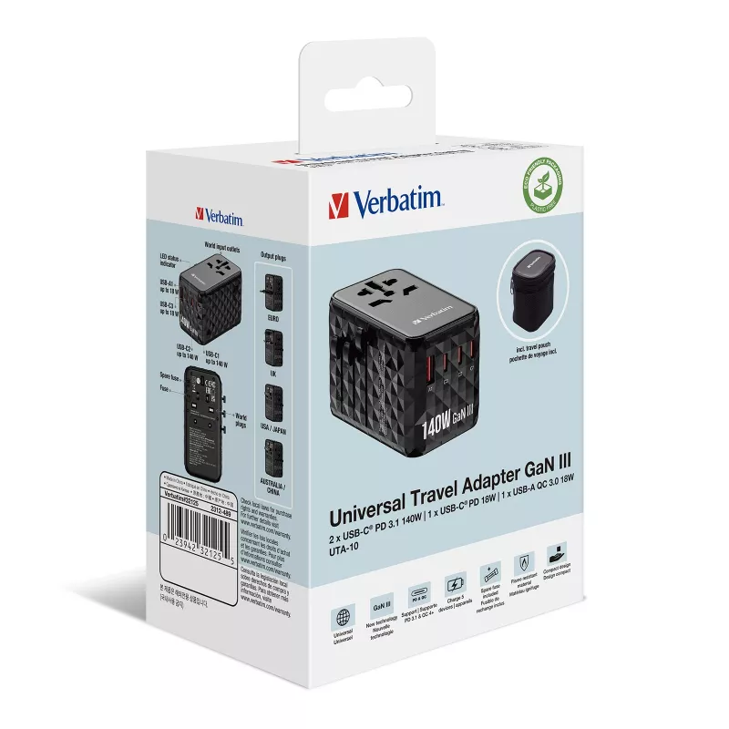 Verbatim UTA-10 140W GaN III Universal-Reiseadapter mit 2 x USB-C PD 3.1 & QC 4+, 1 x USB-C PD 3.0 & 1 x USB-A QC 3.0 Anschlüssen